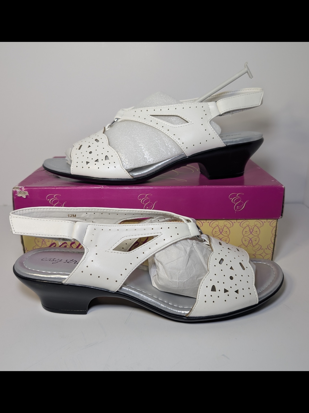 Easy Street Women's Size 12 White Cutout Kitten Heel Slingback Sandals NIB